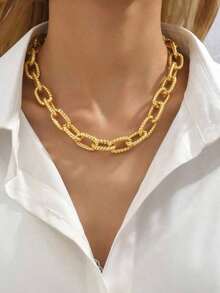 1pc Fashionable Minimalist Metallic Geometric Punk Chunky Necklace, Versatile Daily Wear And Party - 黃金 - 查看 4