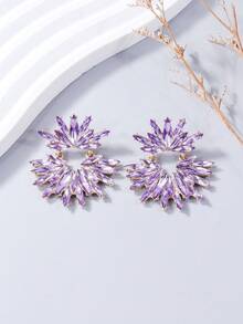 juran 1 Pair Rhinestone Embellished Exaggerated Sparkling Crystal Floral Dangle Earrings - Purple - View 1