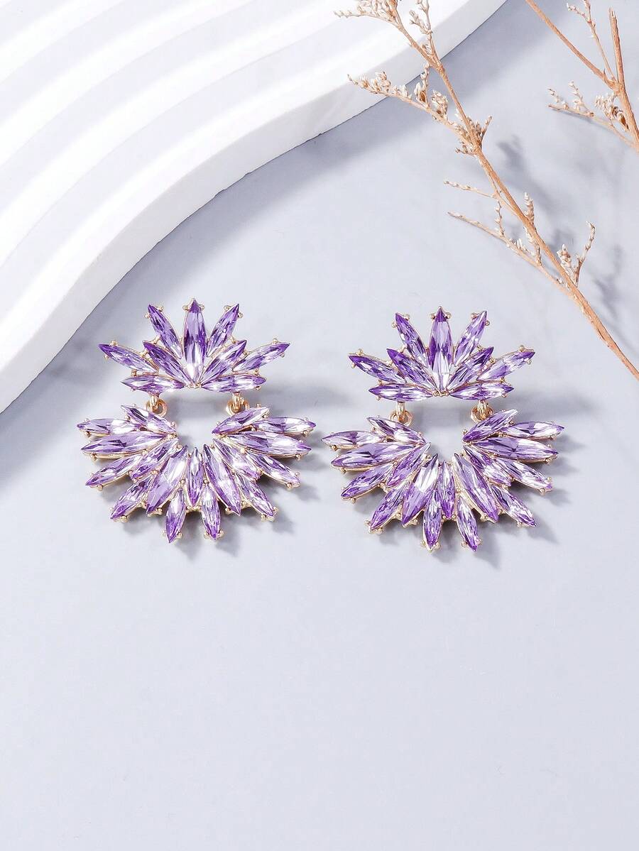 juran 1 Pair Rhinestone Embellished Exaggerated Sparkling Crystal Floral Dangle Earrings - Purple - View 1