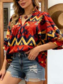 Vestido casual de vacaciones para mujer: Estampado geométrico con volante en el bajo, mangas farol, escote en V, corte holgado para verano - Rojo - Ver 7