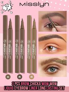 Misslyn BROW CHICKA WOW WOW 持久液体眉笔套装（3支装），BROW CHICKA WOW WOW 持久液体眉笔，3 种颜色可选，打造自然妆效，易于涂抹，持久防水防晕染，纯素配方，无动物实验 - #3 blondie+#4 brownie+#6 ebony - 查看 9