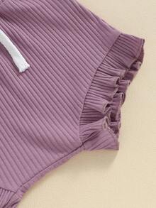 Baby Girls Shorts Set, Short Sleeve Letters Print Romper Elastic Waist Shorts With Hairband Summer Outfit - Purple - View 7