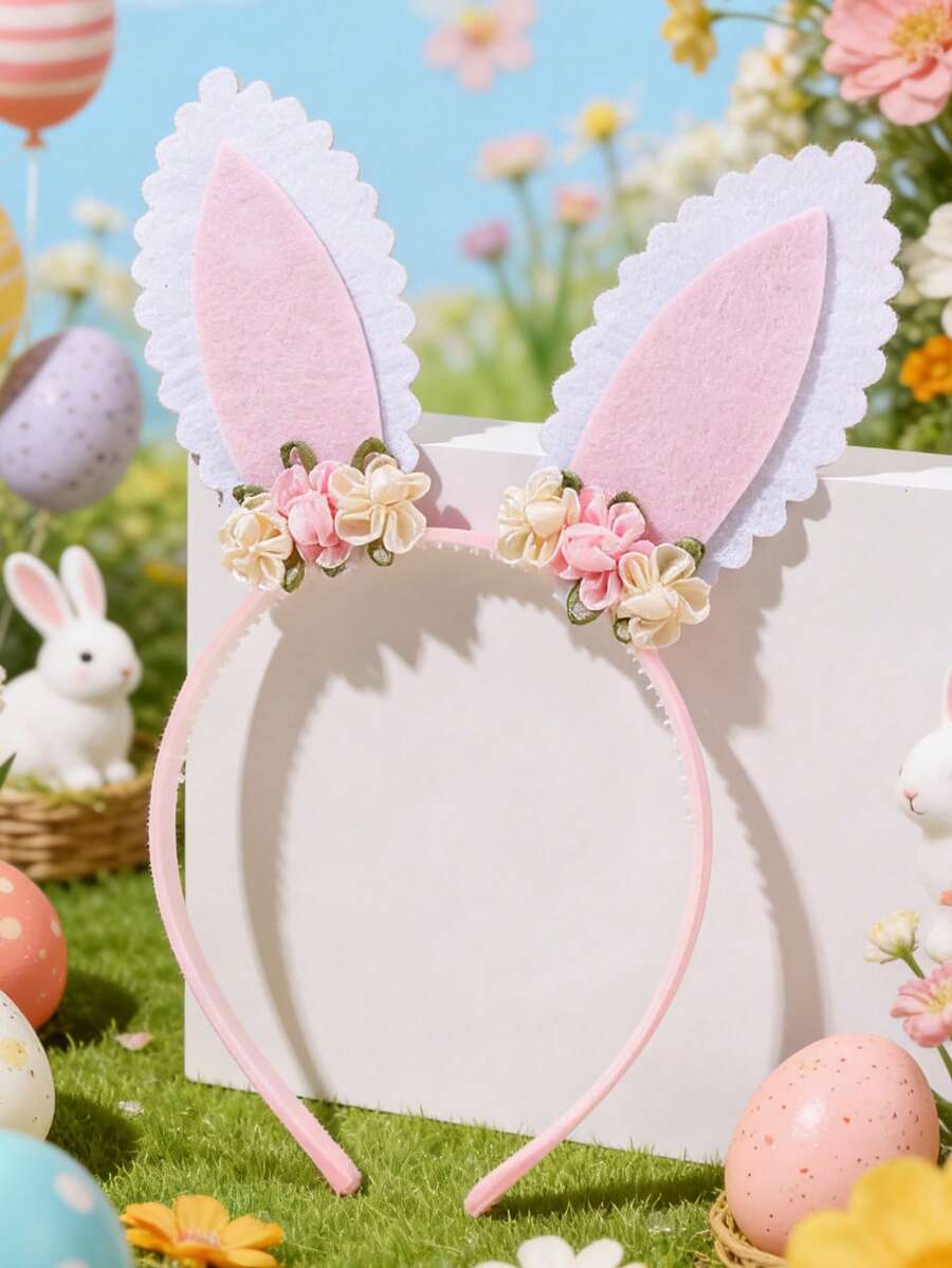1pc Pink Flower Headband, Rabbit Ear Decor Hair Band, Cute Bunny Ear Hair Accessory, Girl's Party Gift, Suitable For Spring, Outdoor, Picnic - Pink - View 1