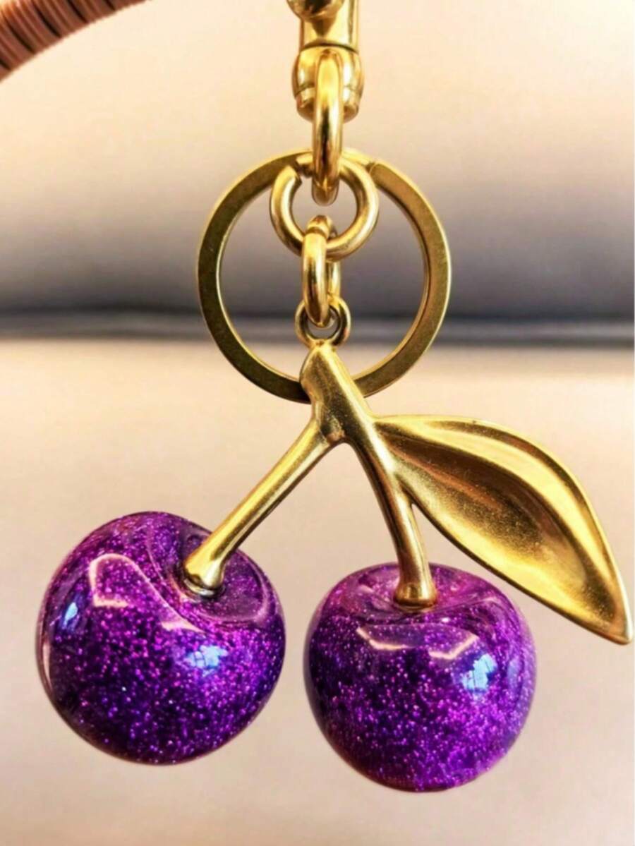 Luxury Purple & Green Crystal Cherry Couple Keychain, Bag Charm, Car Pendant, Exquisite Gift For Valentine's Day, Mother's Day, Girlfriend - Multicolor - View 1