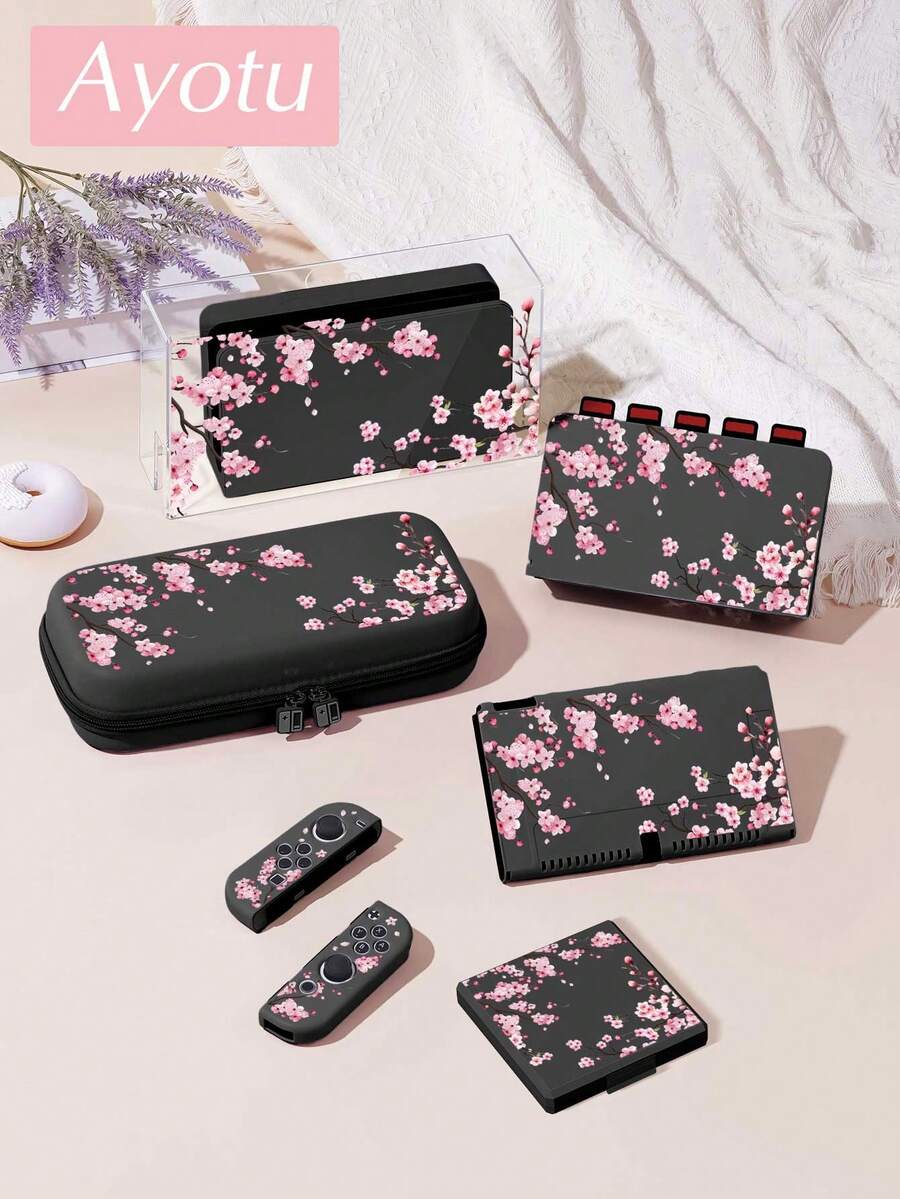 Ayotu 樱花图案游戏机外壳及配件套装，兼容Switch/Switch OLED/Switch Lite，包含保护壳、收纳袋、主机外壳、主机防尘罩、游戏卡盒、手柄握把等。适合作为圣诞节、春日浪漫、情人节、开学季等场合的礼物。