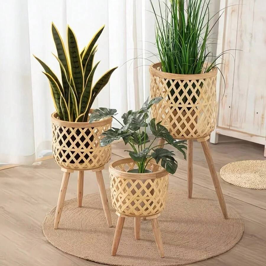 1 pieza Cesta de flores tejida estilo nórdico Ins para decoración de sala de estar, maceta de ratán, soporte de flores de balcón, cesta de mimbre - Beis - Ver 1