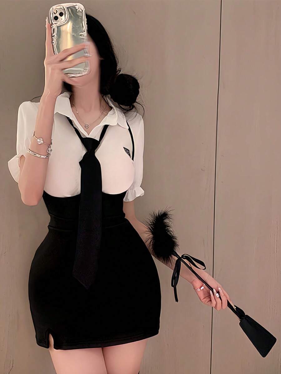 Bộ đồ nữ sinh ngọt ngào, váy đồng phục giáo viên JK quyến rũ, phối màu tương phản với chữ cái thêu phía trước, cài nút, xếp ly/bèo nhún, phù hợp cho các bạn gái dự tiệc, chụp ảnh, cosplay, biểu diễn, màu trắng mùa xuân. - trắng - Xem 1