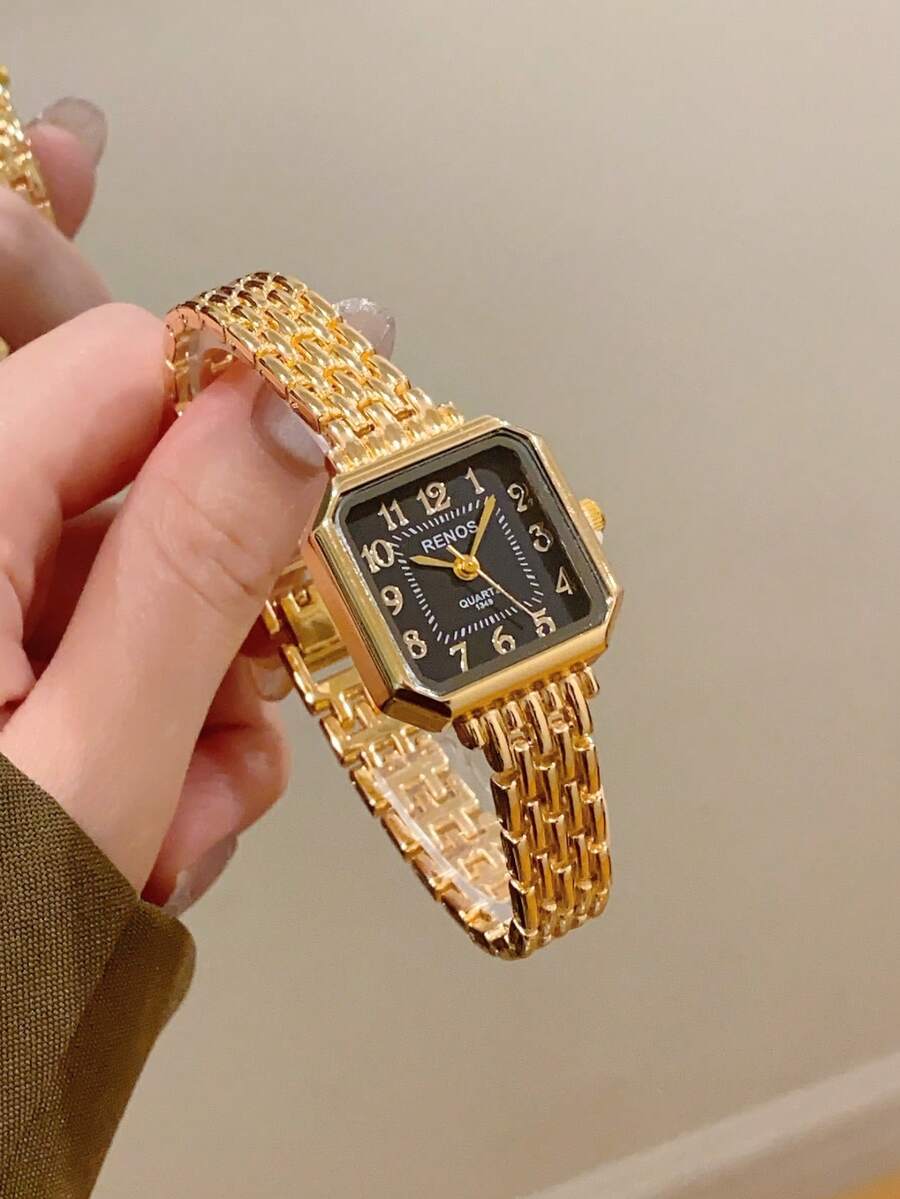 1件女款方形銀色石英手錶,極簡時尚藝術風格,適合日常配戴、生日、畢業禮物、派對 - 金色 - 查看 1