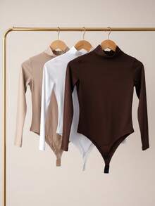 Women's Bodysuit Kit, High Neck, Long Sleeve, Second Skin, Basic, Versatile, Fashion Blogger Style, - 白色米色咖啡 - 查看 1