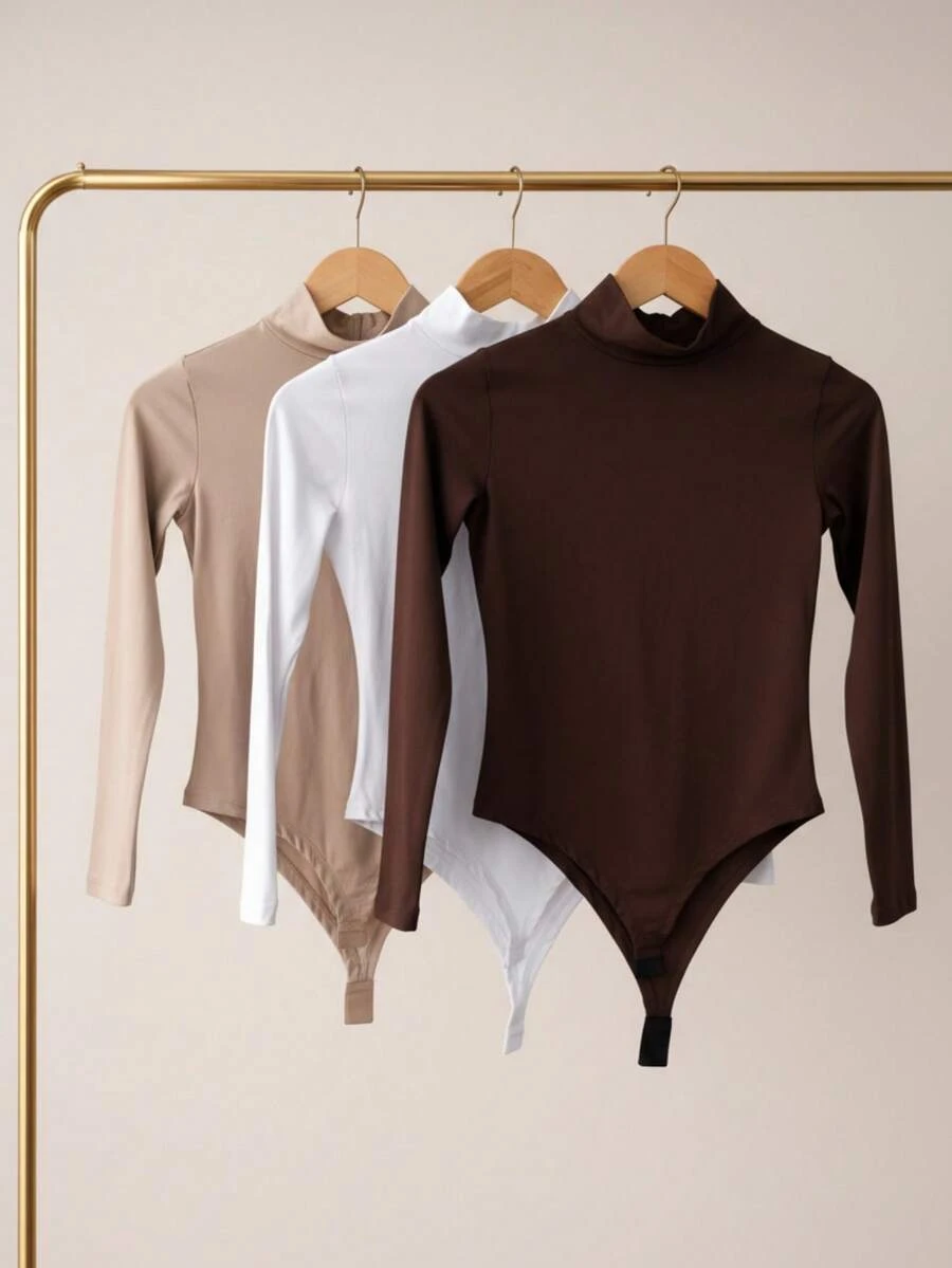 Women's Bodysuit Kit, High Neck, Long Sleeve, Second Skin, Basic, Versatile, Fashion Blogger Style, - 白色米色咖啡 - 查看 1