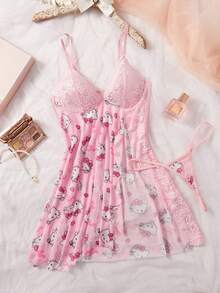 SANRIO 2pcs Women's Hello Kitty Pink Pajama Set, Cute Digital Print, Asymmetric Skirt, Lace Patchwork, Babydoll, Sexy Lingerie Sleepwear - Baby Pink - View 8
