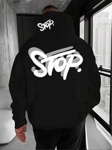 Sudadera casual y de moda para hombre con estampado de letras, bolsillo canguro, cordón, forro térmico, para otoño/invierno - Negro - Ver 1