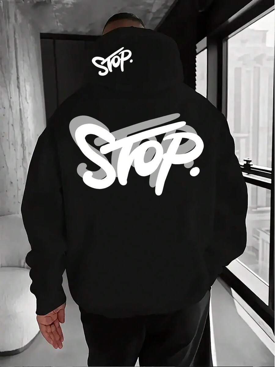 Sudadera casual y de moda para hombre con estampado de letras, bolsillo canguro, cordón, forro térmico, para otoño/invierno - Negro - Ver 1