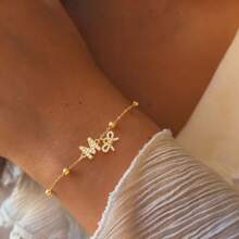 1pc New Classic Initial Bow-Knot Pendant Golden Stainless Steel Bead Chain Bracelets For Women - Yellow Gold - View 1