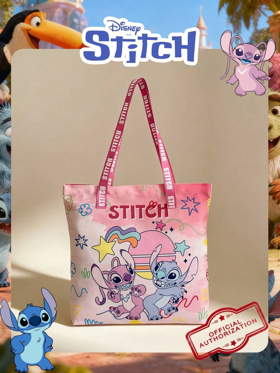 Disney 1 Pc Officially Licensed Stitch Pattern Canvas Tote Bag, Women's Large-Capacity Shoulder Bag, Lightweight Reusable Shopping Bag – Ideal For Girls, Teens, Cartoon Fans, Perfect For Daily Commutes, Grocery Shopping, School Runs, Beach Trips, Holiday Gatherings,Back To School - DHF52264-sT - View 1