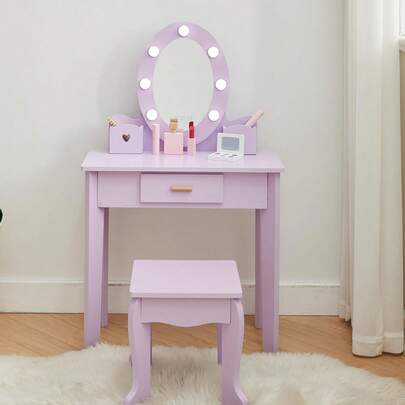 Kids Vanity Table And Chair Set, Girls Vanity Set With Mirror And Stool, Drawer, Storage Grids, Wooden Princess Makeup Dressing Table, Pretend Play Vanity Set For Little Girls