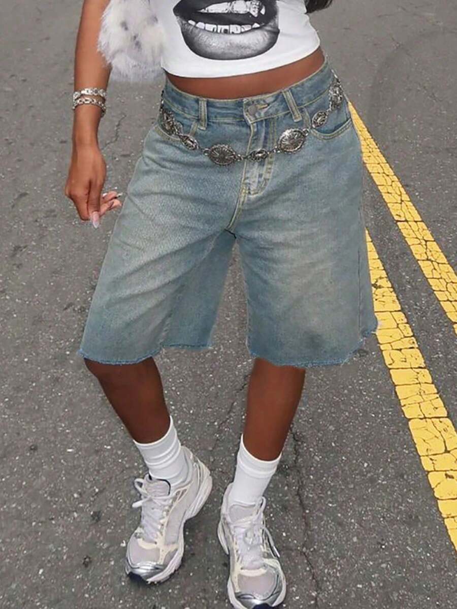 Quần short denim Bermuda dáng rộng dài đến đầu gối, rách nhẹ, có túi, phong cách vintage Y2K, thoải mái, thích hợp cho các lễ hội âm nhạc và trang phục thường ngày mùa hè. - Màu xanh lam - Xem 1