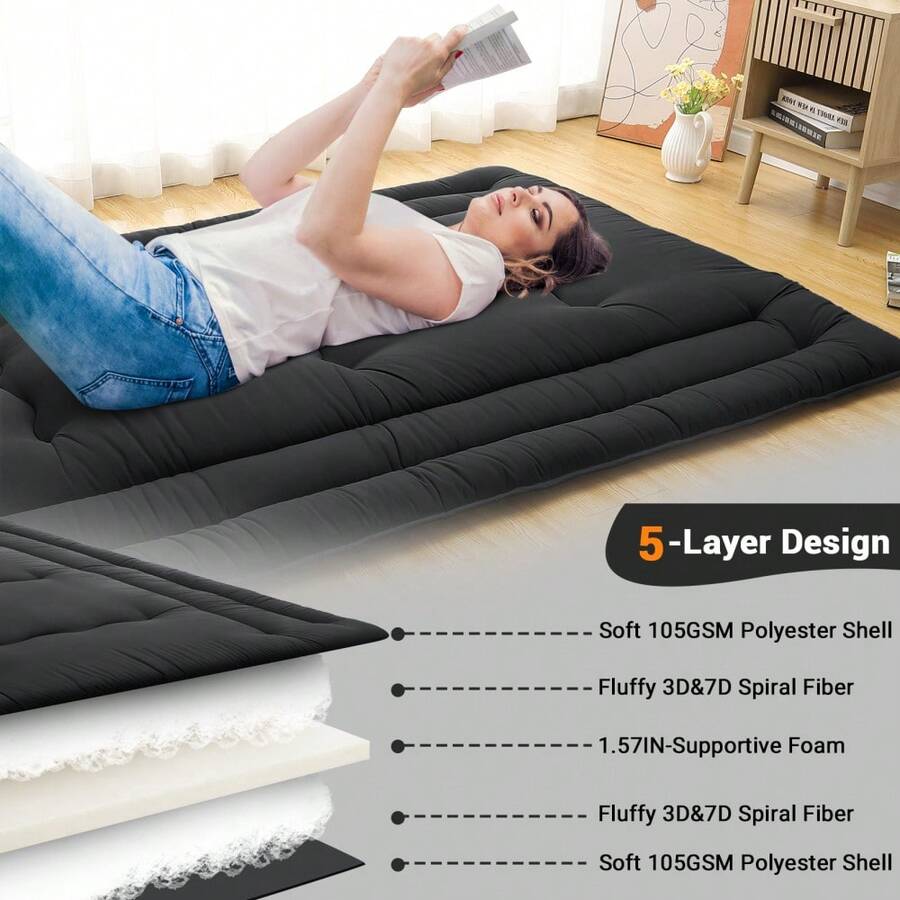 Colchón de suelo japonés plegable - Tatami portátil y ligero - Perfecto para dormitorio, camping, viajes, RV y apartamento - Ideal para niños y huéspedes, TWIN (99x203cm) USA - negro COMPLETO (137*203cm) EE. UU. - Ver 1