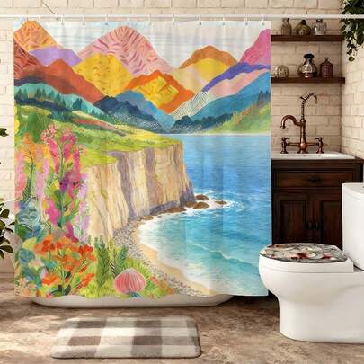 ستارة دش رسم قلم رصاص ملون لخط ساحل الجبال، شواطئ ساحلية نابضة بالحياة مع أزهار برية وبنمط المحيط الأزرق، مصنوعة من بوليستر مقاوم للماء وقوي، مجموعة ستارة حمام مع خطافات، ديكور حمام ذو طابع طبيعي فني، هدية ديكور حمام بطراز منظر طبيعي جريء