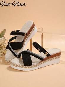 Foot Flair Sandal đế xuồng platform đế dây thừng hở ngón quai đan cho nữ size lớn, phong cách đi biển nghỉ dưỡng, thời trang xuân/hè, sandal La Mã đa năng và thoải mái - màu đen - Xem 7