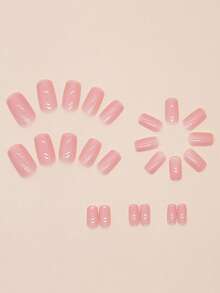 短款按压式美甲，裸粉色短款方形假指甲，珊瑚粉色自然方形凝胶美甲，浅粉色亚克力短款假指甲，可重复使用亮面圆形女士假指甲 - 粉色 - 查看 3