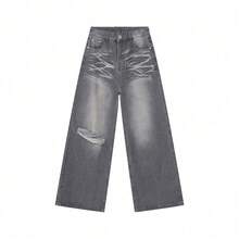 Pantalones Vaqueros Rotos y Desgastados para Hombre - Corte Recto y Extra Largo (Tocando el Suelo), Estilo Vintage Relajado Americano - Gris - Ver 1