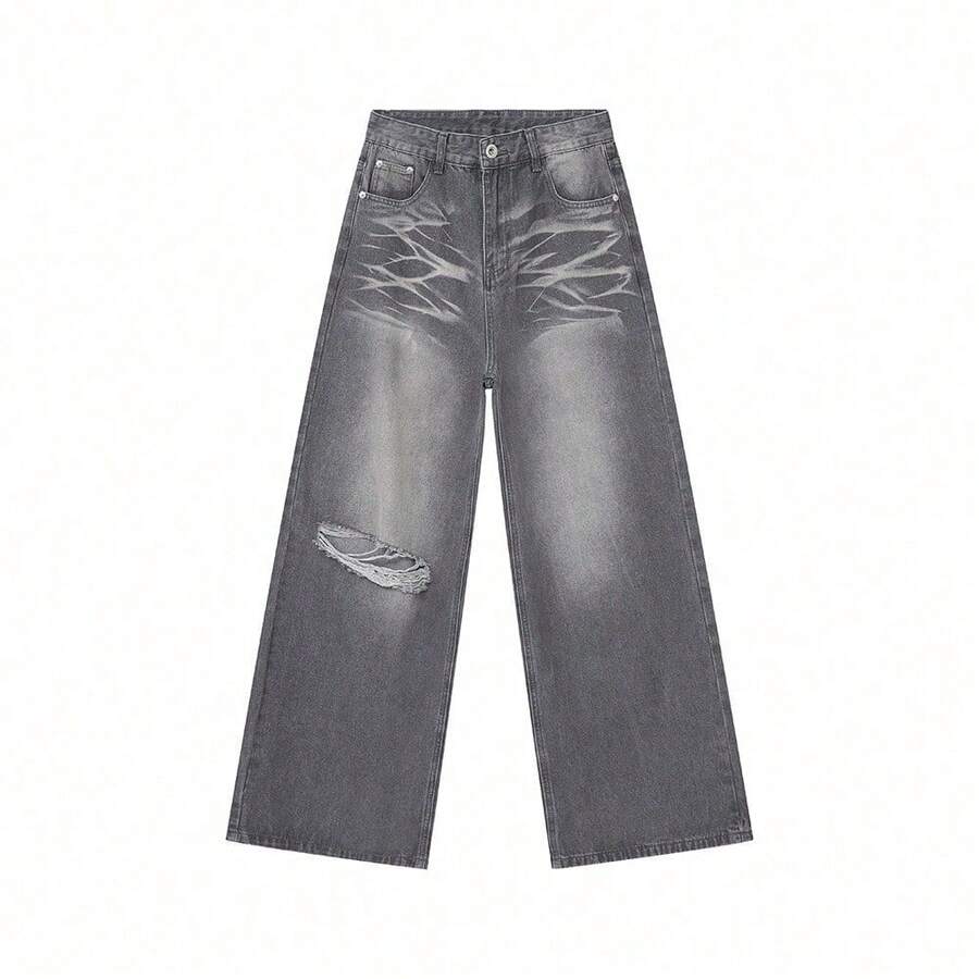 Pantalones Vaqueros Rotos y Desgastados para Hombre - Corte Recto y Extra Largo (Tocando el Suelo), Estilo Vintage Relajado Americano - Gris - Ver 1