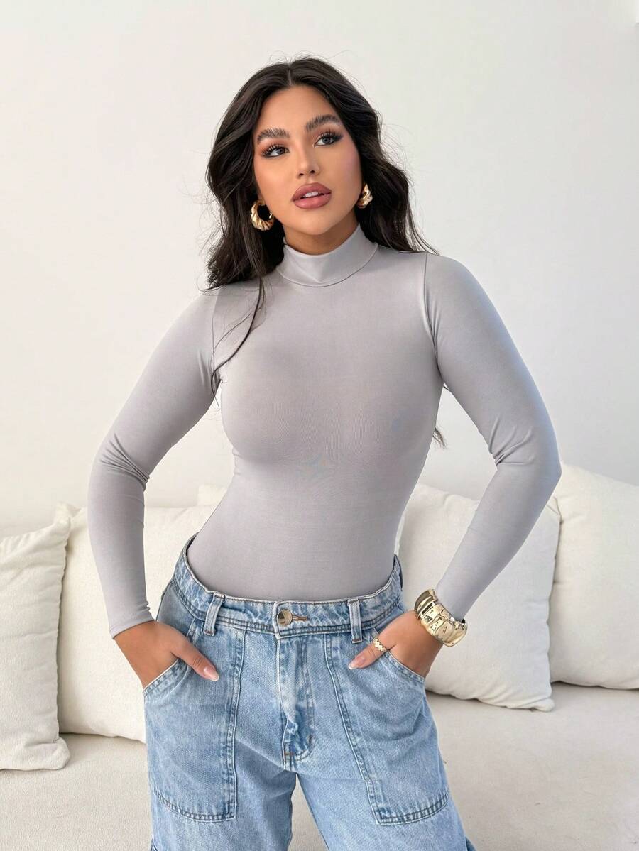 Women's Bodysuit Kit, High Neck, Long Sleeve, Second Skin, Basic, Versatile, Fashion Blogger Style, - 灰色的 - 查看 1