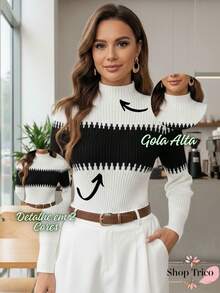 Women's Long-Sleeved Knit Sweater With Two-Tone Detail, High Neck, Winter Fashion - 白色/焦糖色 - 查看 2