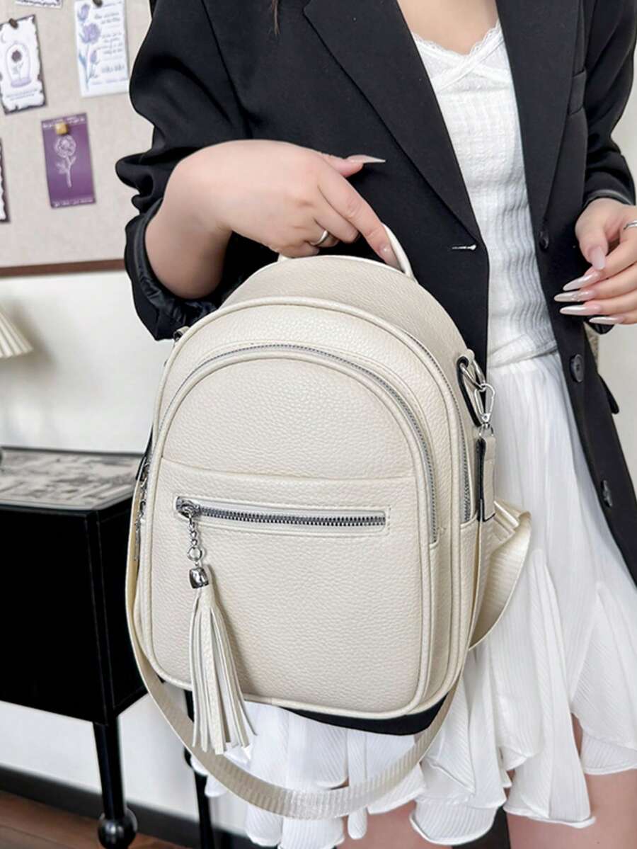 New Fashion High-Capacity Elegant Korean Style Casual Minimalist Lightweight Versatile Solid Color Retro Adjustable Detachable Tassel Decor Women Shoulder Bag/Crossbody Bag/Backpack, Suitable For Travel, Shopping, Dating, Women's Gift - Beige - View 1