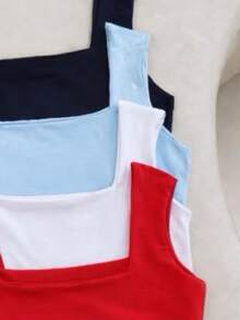 Set Of 4 Women's Tank Tops With Square Neckline, Straight Leg, Suplex Fabric, Summer Basic Plain, Fashionable, Elegant, , Blogger Style - ĐỎ XANH TRẮNG ĐEN - Xem 2