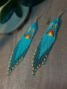 AHAYA 手工长款几何耳环，灵感源自串珠流苏耳环，创意波西米亚风玻璃珠吊坠耳环，适合日常佩戴、度假佩戴、节日礼物 - 綠松石色 - 查看 6