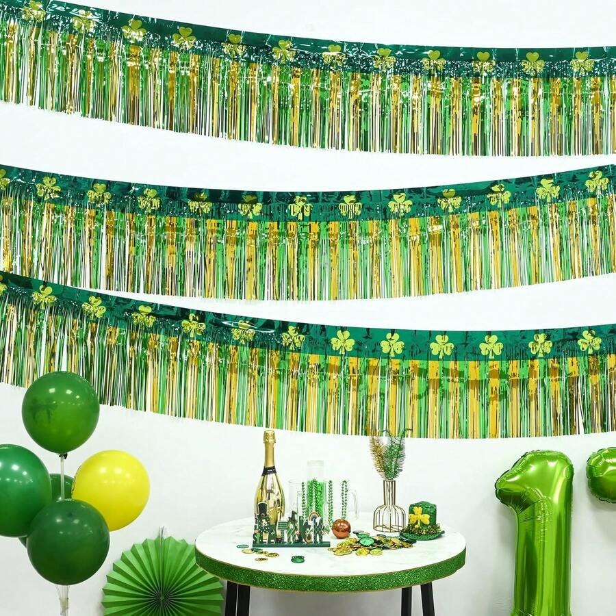 Mega-L St Patricks Day Decorations 2 Pack 39Ft Foil Fringe Garland Tinsel Banner, Green Gold Shamrock Pattern Metallic Hanging Backdrop Streamers Table Skirts For Birthday Party Parade Float Golf Cart - 2 Pack - View 1