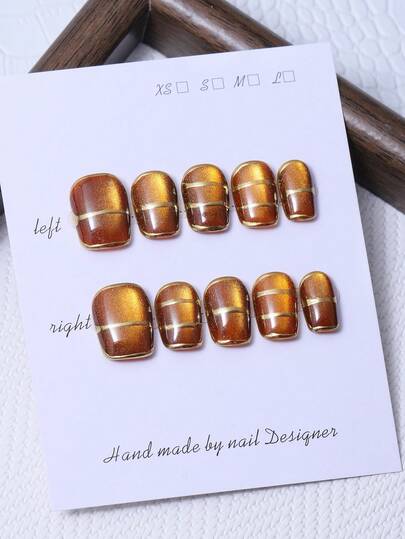 10pcs/Set Handcrafted Short Square Nail Caps In Y2K Brown Style & Hand Painted Gold Lines & Hand Painted Gradient Cat Eye Design With Pearl Nail Decoration. 1 Piece Of Jelly Gel And 1 Piece Of Nail File. Perfect For Daily Life And For Costumes At Coachella Music Festival, Press On Nails And Nail Care Products.
