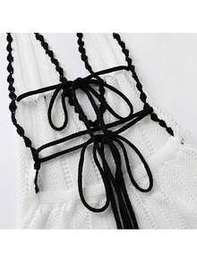 Women's Summer Vacation Contrast Color Trim Backless Halter Knit Dress - Black and White - View 5