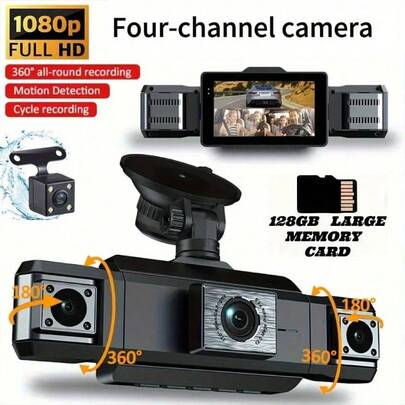 [4-Camera Dual Recording] 13 Million Pixels 360° Panoramic Parking Surveillance. Front 1080P, Rear 720P Four-Channel Camera. 24-Hour Time-Lapse Video Recording. Supports 32G Card. Vehicle Anti-Theft Recorder.