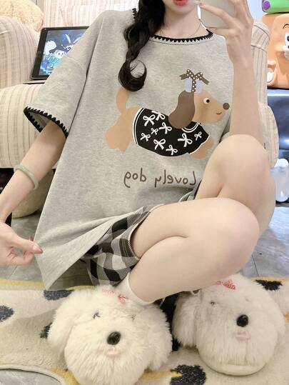 女士两件套睡衣，透气短袖和短裤，夏季家居服