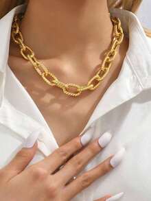 1pc Fashionable Minimalist Metallic Geometric Punk Chunky Necklace, Versatile Daily Wear And Party - 黃金 - 查看 1