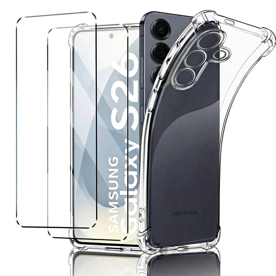S26 Phone Protective Set [2pcs HD Tempered Glass Screen Protector (Supports Fingerprint Unlock) + 1pc Transparent Shockproof Anti-Scratch Anti-Drop Phone Protective Case With Camera Protection], Compatible With Samsung S23/S24/S25/S26 Ultra Plus - Clear - View 1