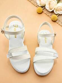1 đôi sandal cao gót màu trắng cho trẻ em, kiểu công chúa, thiết kế quai điều chỉnh được, thích hợp cho các buổi tiệc, họp mặt, đám cưới và kỳ nghỉ. - trắng - Xem 3