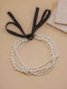 Vintage Bohemian Pearl Bow Tie Necklace - Elegant Beaded Necklace For Women, Suitable For Daily Wear And Party Gift - Multicolor - View 6