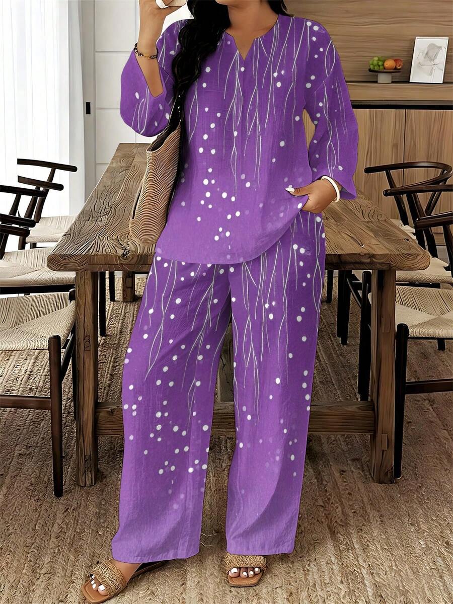 Mature Women Plus Size Notch Collar Three-Quarter Sleeve Top Wide Leg Pants Two-Piece Set Purple Base Drooping Branches White Dot Print Loose Breathable Set Comfortable Versatile Outfit For Spring Summer Travel And Home Wear - 彩色 - 查看 1