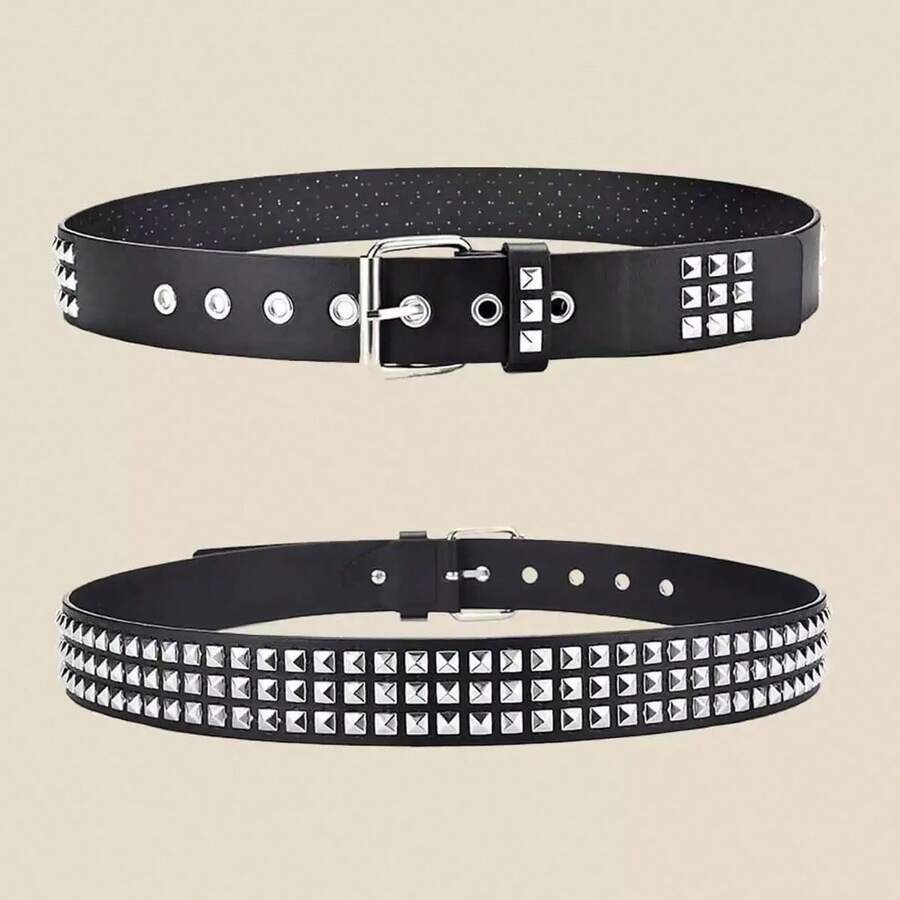New Punk European And American Pyramid Cybery 2k Subculture Gothic Square Rivet Leather Belt For Women - Black - View 1