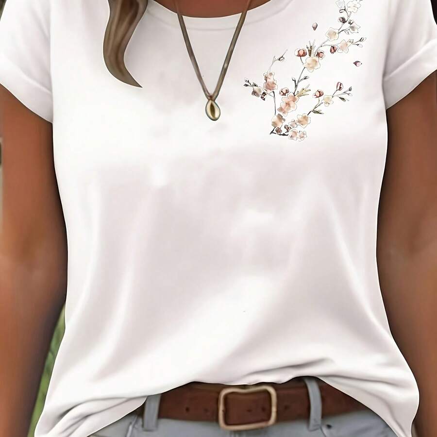 Women's Light Gray Floral Y2K Style T-Shirt - Cherry Blossom & Butterfly Print Round Neck Short Sleeve Top, Breathable Comfortable Casual Shirt For Spring/Summer/Autumn, Machine Washable Regular Fit - White - View 1