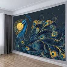 2D Flat  1 Piece Elegant Blue Peacock Background Cloth |   Mobius Starry Canvas Poster, Dark Blue, Gold, And Turquoise  No Electricity Needed Party Decoration, Wedding, Home, Office Wall Hanging  Durable Polyester Fabric Indoor Use - 多色 - 查看 2