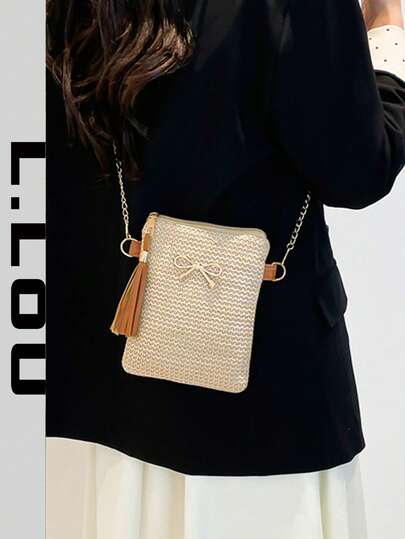 Handwoven Straw Bow Decor Crossbody Bag, Cute Girl's Commute Phone Pouch, Versatile Shoulder Bag For Travel, Vacation, Outing