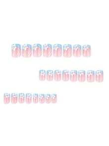 方形压纹指甲形状蓝色法式美甲贴纸 - 假指甲 - 素色假指甲 - 清新花朵图案全亮面指甲油 - 适合女性 - 24对 - 彩色 - 查看 2