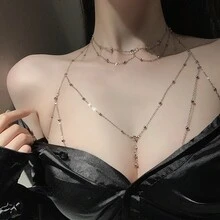 1pc Women's Sexy Single Strand Chest Chain Jewelry, Minimalist Rhinestone Pendant Body Chain, Suitable For Daily Wear - Gold - View 1