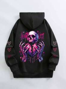 Plus Size Heart Print Sweatshirt, Casual Long Sleeve Pullover With Pockets, Suitable For Autumn/Winter, Plus Size Women's Clothing, Suitable For Daily Wear, Outings, Parties, School, Music Festivals, Vacations, Commuting. Can Be Given As A Gift To Family, Boyfriend, Girlfriend, Friends, An Essential Sweatshirt For Girls In Winter. - Black - View 2