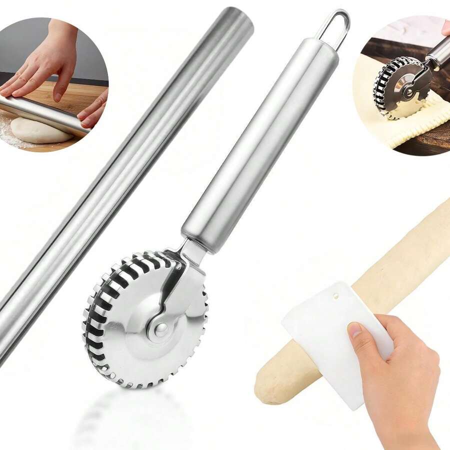 Bộ dụng cụ làm bánh 3 món bằng thép không gỉ, gồm dao cắt pizza, cán bột và dụng cụ gạt bột, thích hợp để cắt bánh răng cưa, cắt mì ống và bánh bao, tạo hình bánh ngọt, làm nhân bánh - Bộ dụng cụ làm bánh thiết yếu cho nhà bếp - Xem 1